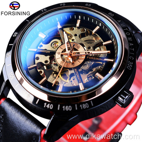 Top Brand Luxury Mens Forsining Motorcycle Design Transparent Genuine Strap Waterproof Skeleton Men Automatic Watches Clock